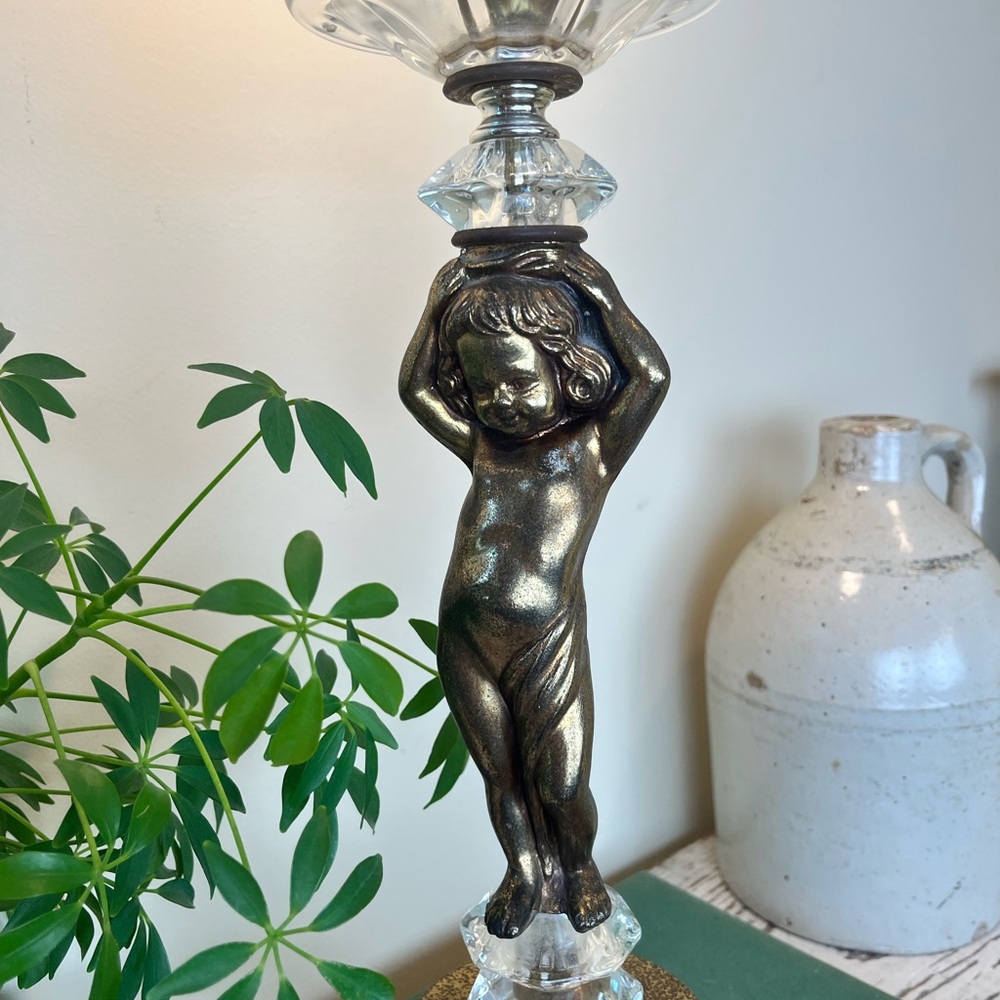 Vintage Golden  Cherub Lamp With Crystal Top And Off Gold Metal Base